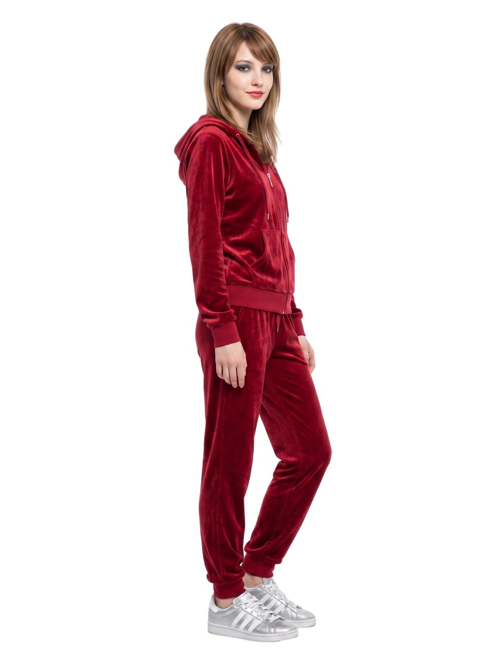 TRACKSUIT Red Velour Zip Hoodie an Drawstring Sweatpants Soft Luxury Fabric SZ L